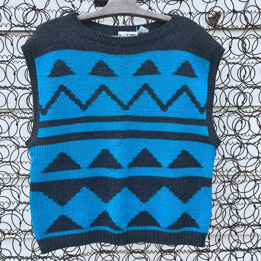 Vintage 80s rrrruss Sleeveless Sweater Art Deco Chevron Blue Black Wool Blend